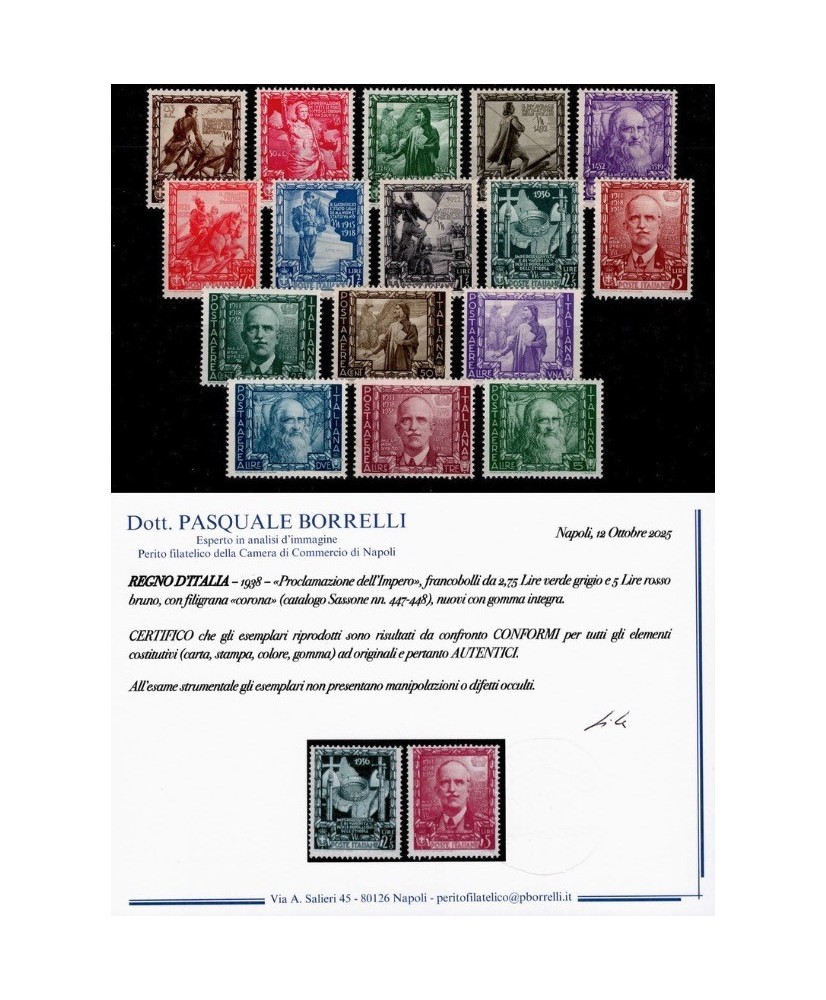 REGNO D'ITALIA - 1938 - IMPERO, la serie COMPLETA con POSTA AEREA, 16 francobolli NUOVI con certificato