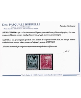REGNO D'ITALIA - 1938 - IMPERO, la serie COMPLETA con POSTA AEREA, 16 francobolli NUOVI con certificato