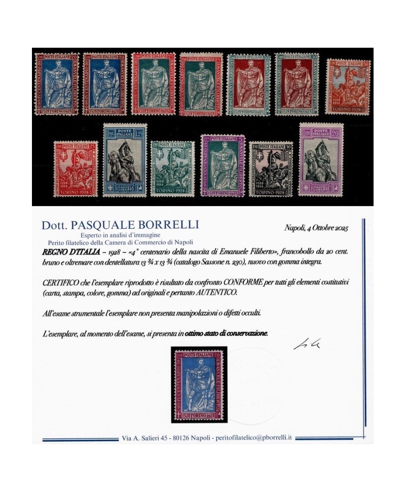 REGNO D'ITALIA - 1928 - FILIBERTO, la serie COMPLETA di 13 francobolli NUOVI con certificato