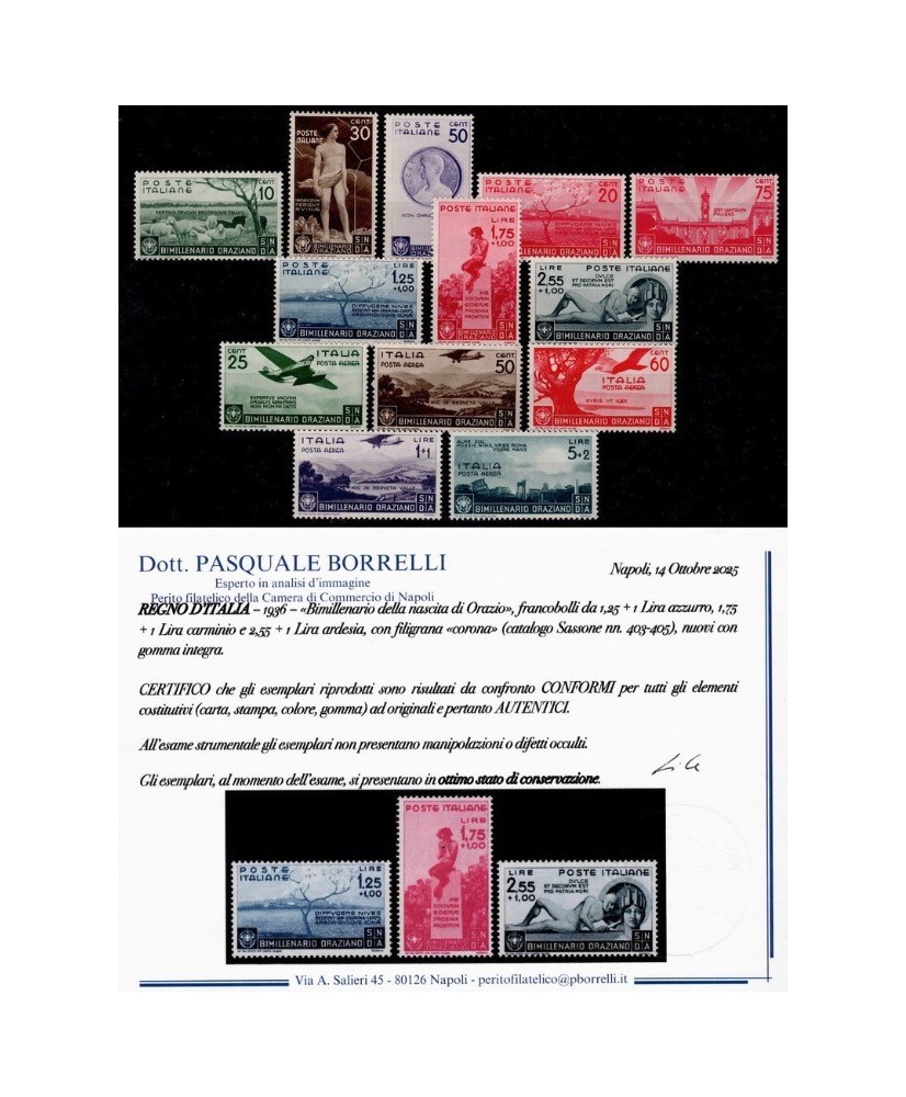REGNO D'ITALIA - 1936 - ORAZIO, la serie COMPLETA con certificato
