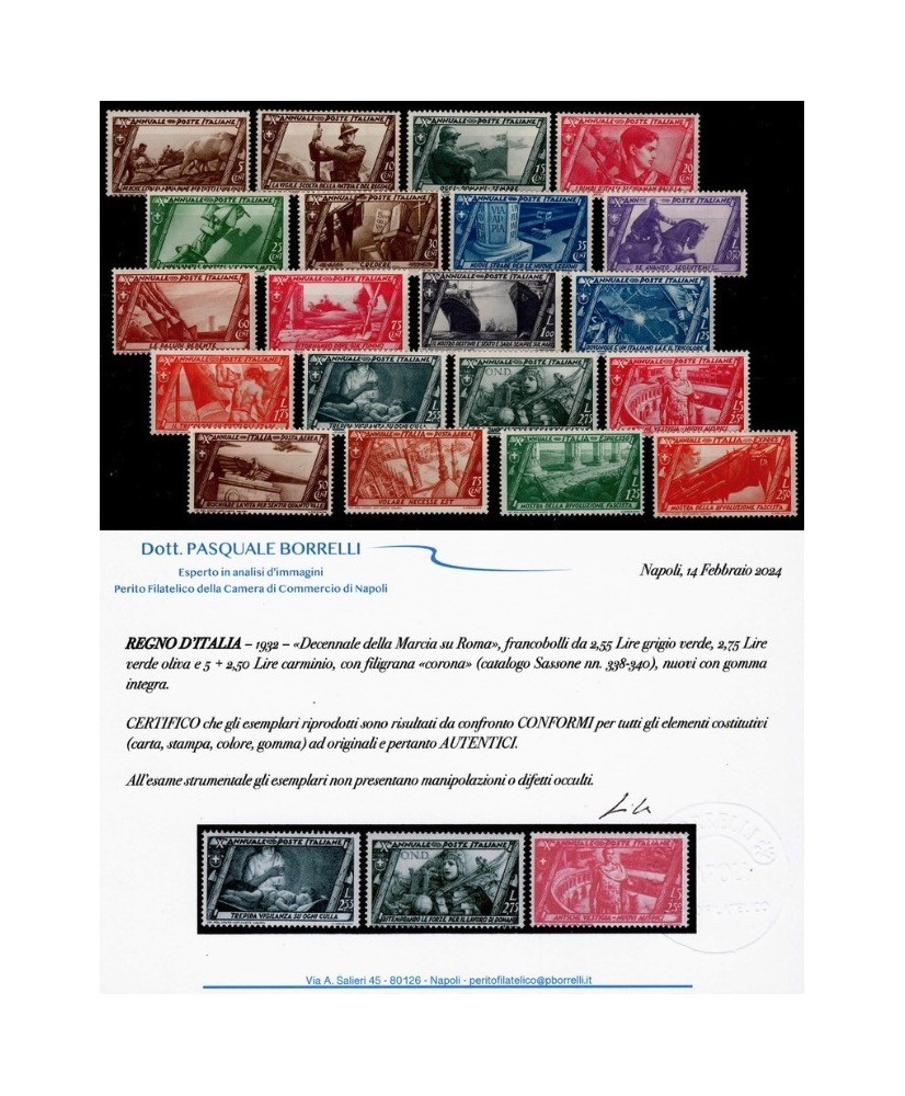 REGNO D'ITALIA - 1932 - DECENNALE, la serie COMPLETA con certificato