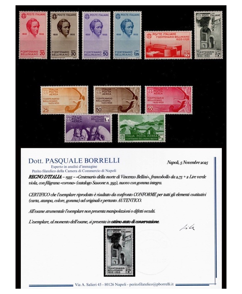 REGNO D'ITALIA - 1935 - BELLINI, la serie COMPLETA con certificato