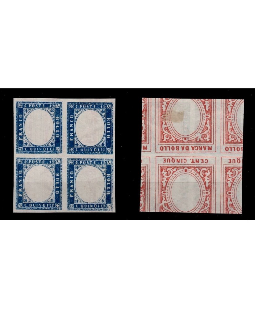 REGNO D'ITALIA - 1863 - EFFIGIE c. 15, PROVA DI MACCHINA senza effigie in QUARTINA