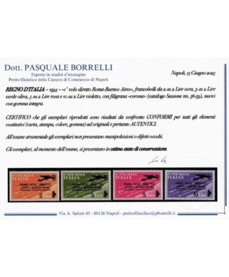 REGNO D'ITALIA - 1934 - VOLO ROMA-BUENOS AIRES, la serie COMPLETA di 4 francobolli NUOVI con certificato