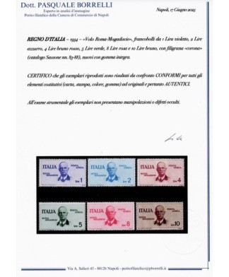 REGNO D'ITALIA - 1934 - VOLO ROMA - MOGADISCIO, la serie COMPLETA di 6 francobolli NUOVI con certificato