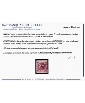 NAPOLI - 1858 - Grana 2 della 2^ tavola nella tinta ROSSO MATTONE usato. Certificato