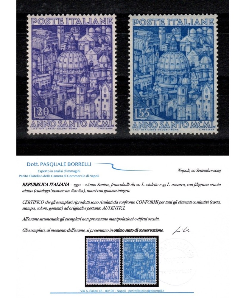 ITALIA REPUBBLICA - 1950 Anno Santo, serie COMPLETA 2 valori NUOVI con certificato
