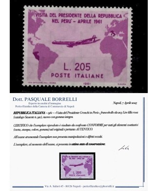 Repubblica - 1961 - GRONCHI ROSA, francobollo NUOVO con certificato