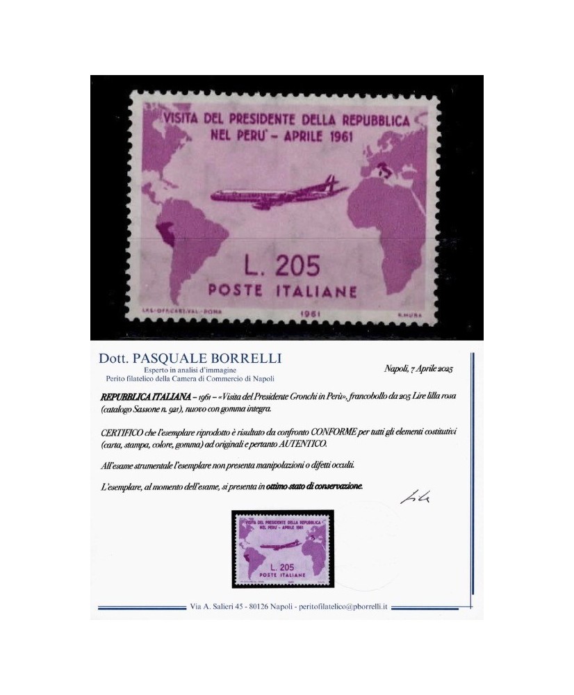Repubblica - 1961 - GRONCHI ROSA, francobollo NUOVO con certificato