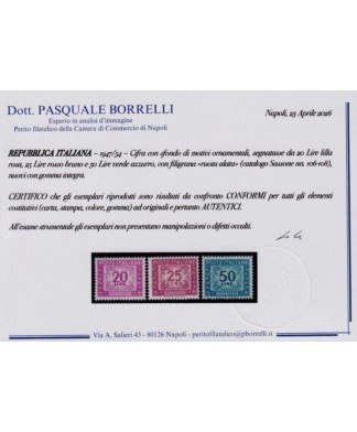 ITALIA REPUBBLICA - 1947/54 - SEGNATASSE con filigrana ruota, la serie COMPLETA di 14 francobolli NUOVI con certificato