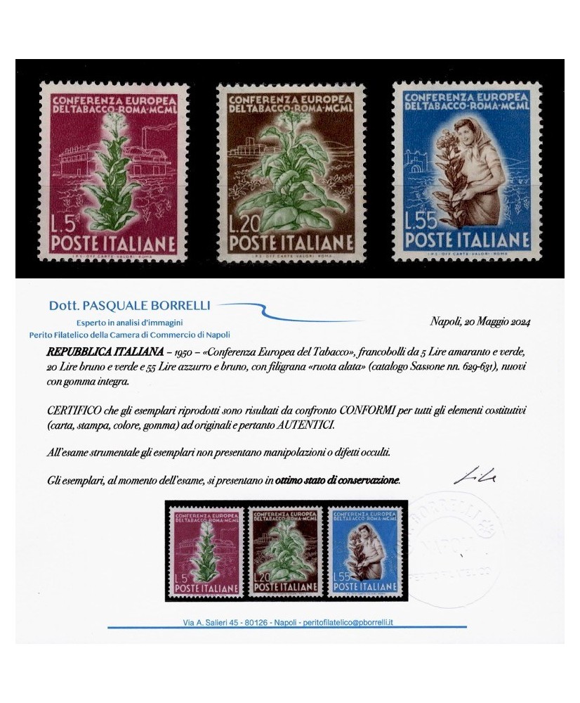 Repubblica - 1950 - TABACCO, la serie COMPLETA di 3 francobolli NUOVI