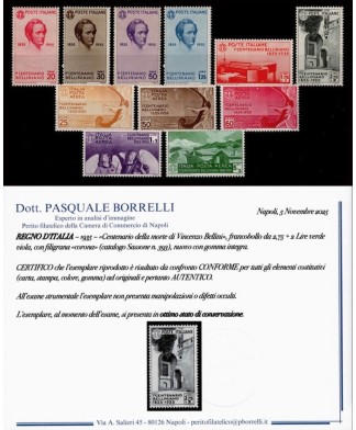 REGNO D'ITALIA - 1935 - BELLINI, la serie COMPLETA con certificato