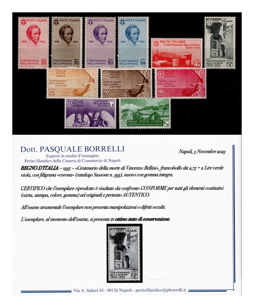 REGNO D'ITALIA - 1935 - BELLINI, la serie COMPLETA con certificato