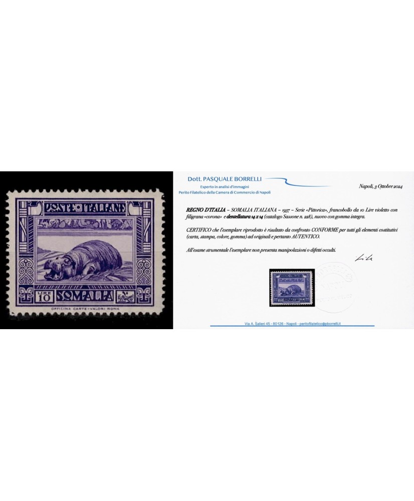 1937 - SOMALIA, PITTORICA L. 10 RARA dentellatura 14x14 NUOVO gomma INTEGRA