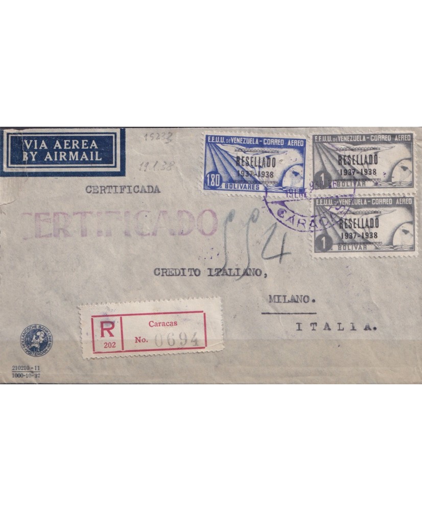 1938 Venezuela Resellado raccomandata aerea