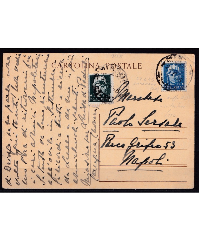 1945 cartolina postale c. 30 ricoperta c. 35+15 tariffa RSI in Luogotenenza