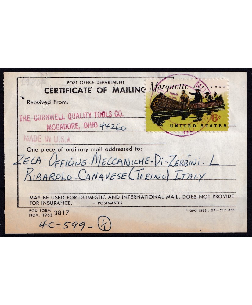 1968 USA certificato spedizione per Italia