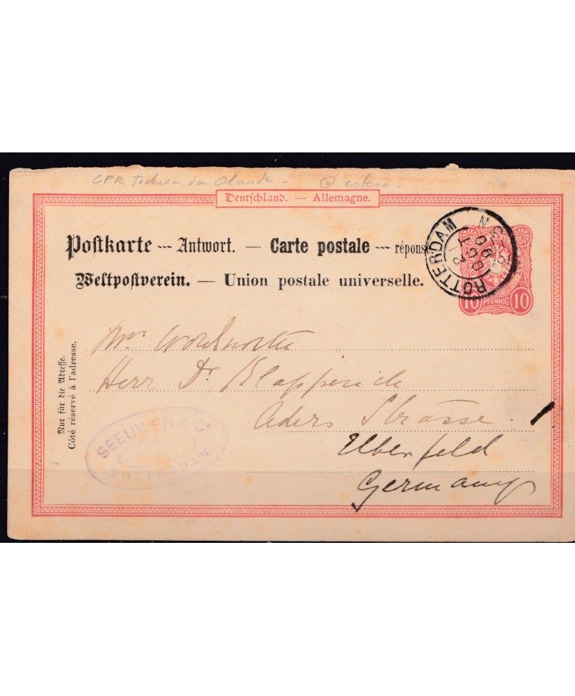 1890 Germania cartolina postale risposta da Olanda