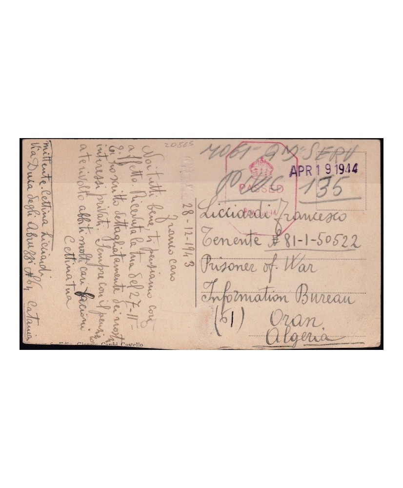 1943 cartolina Catania taglio per censura a PDG in Algeria
