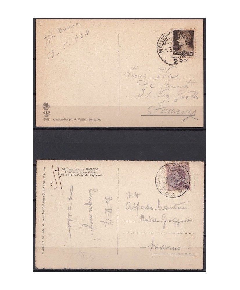 1927 / 34 cartoline 2 ambulanti differenti Malles-Bolzano