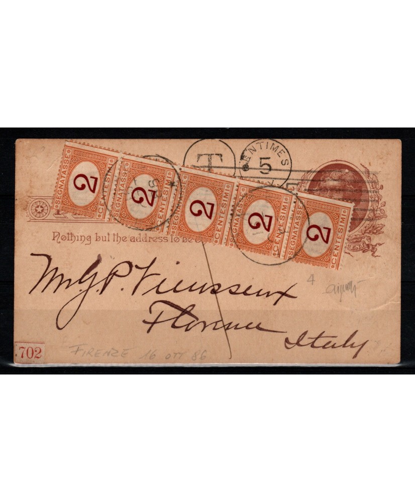 1886 Segnatasse centesimi 2 in striscia di cinque