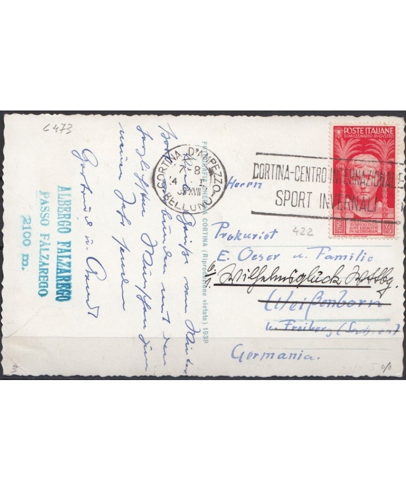 1938 Augusto c. 75 isolato su cartolina per Germania
