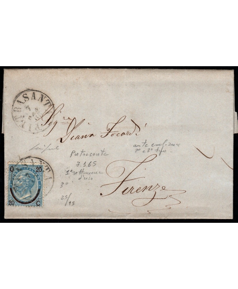 1865 Effigie c. 15 sovrastampa 20 del 3° tipo, uso ante altri 2 tipi