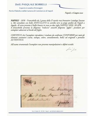 Napoli - 1858 grana 2 II tavola rosa brunastro, ampi margini e filigrana BDF