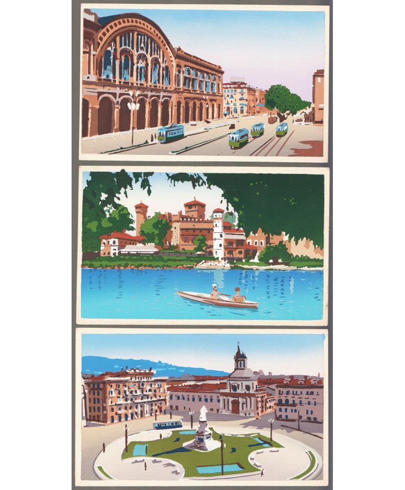 Anni ’20 / 30 Torino - 3 cartoline dipinte ad acquarello nuove