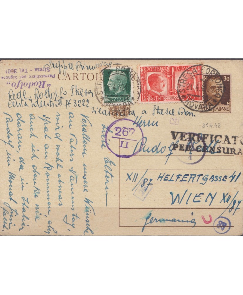 1942 cartolina postale c. 30 + asse per Austria