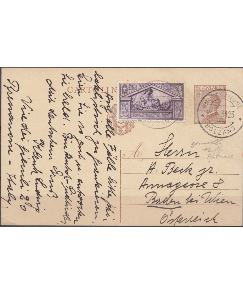 1931 cartolina postale Michetti c. 30 + Virgilio per Austria