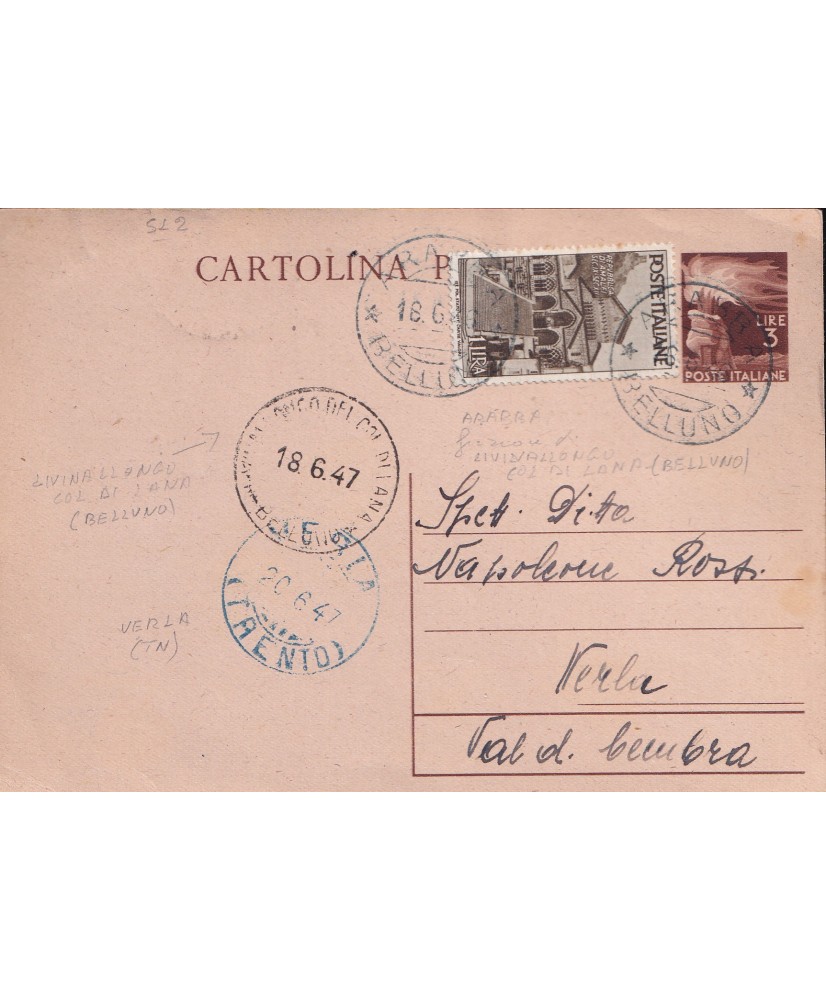 Arabba – Livinalongo (Belluno) - 1947 cartolina postale per Verla